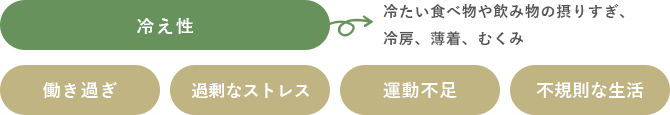 冷え性・働き過ぎ・過剰なストレス・運動不足・不規則な生活